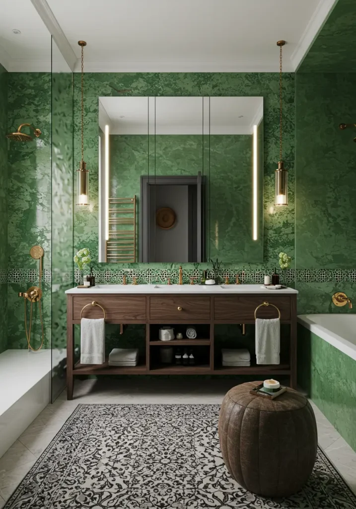 Merging traditional Moroccan craftsmanship with contemporary design sensibilities, this bathroom creates an exotic retreat reminiscent of luxury riads. The jade green palette evokes precious stones while metallic accents add warmth and luxury.