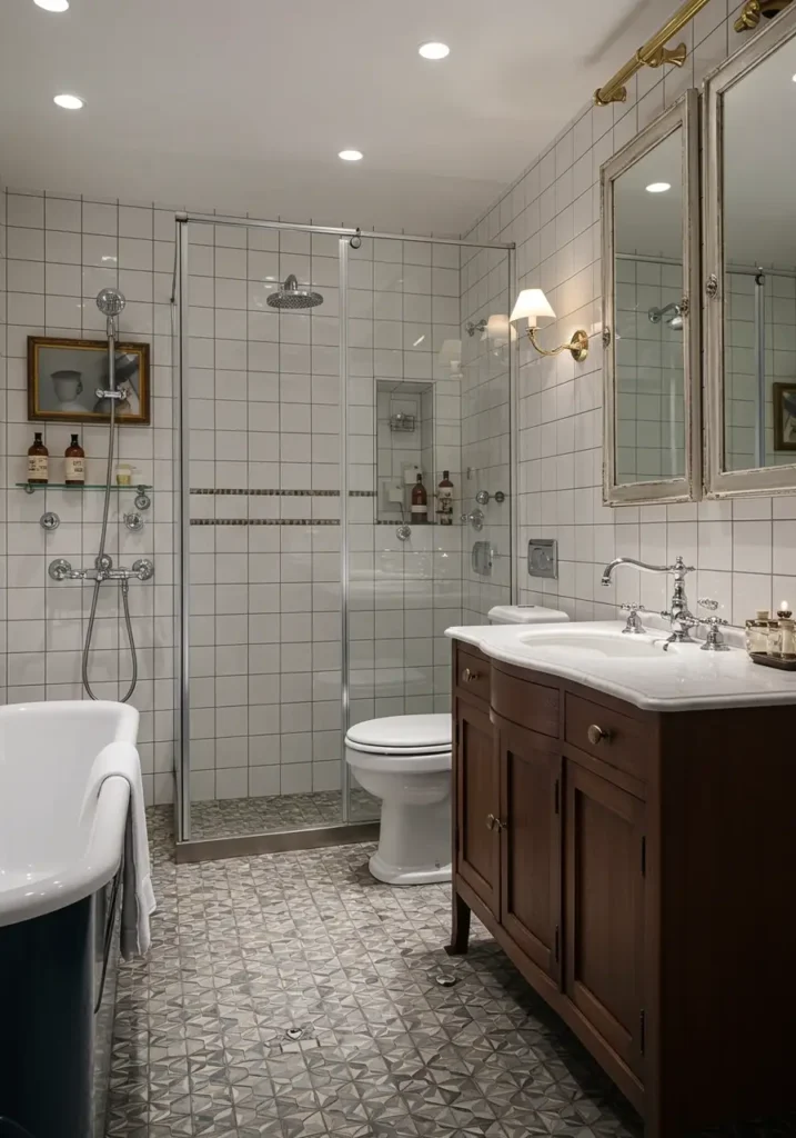 Capturing the romantic charm of Parisian cafes and bistros, this design brings French elegance and timeless style to the bathroom space.