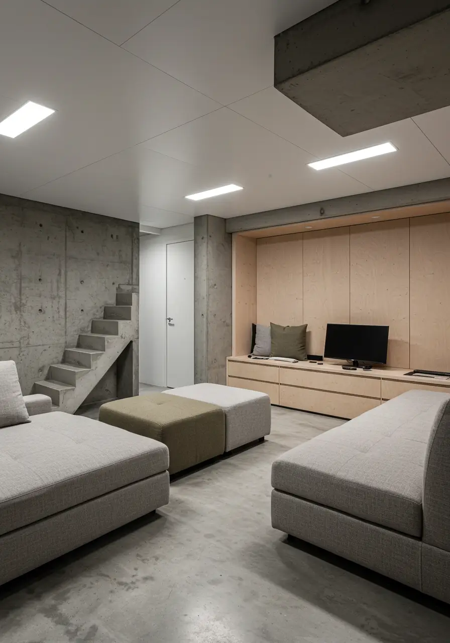 Combining contemporary luxury with practical preparedness, this basement design creates a sophisticated retreat that serves as both a stylish living space and a secure sanctuary.