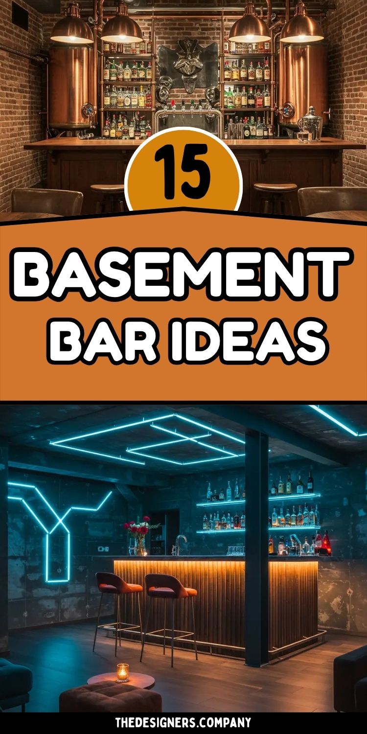 Image showcases two stylish basement bar setups. The top half features a rustic industrial bar with exposed brick walls, copper brewing tanks, and vintage lighting, labeled with bold text “15 Basement Bar Ideas.” The bottom half highlights a sleek, futuristic cyber lounge with LED strip lights, glowing bar shelves, and modern bar stools. Overall theme blends classic and modern home bar designs. Text at bottom: “thedesigners.company” for renovation inspiration.
