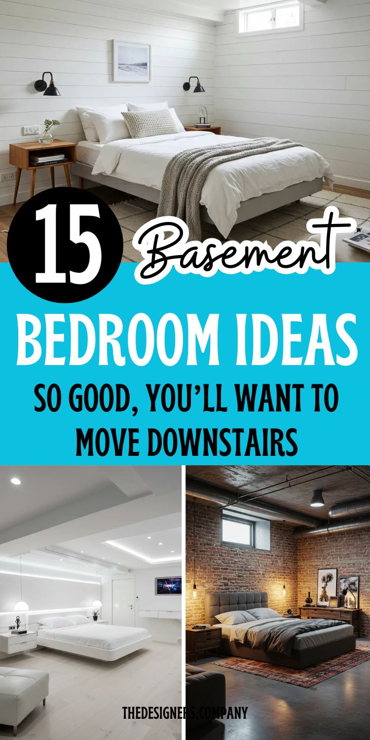 image showing “15 Basement Bedroom Ideas So Good, You’ll Want to Move Downstairs” in bold text. Top image features a bright white shiplap basement bedroom with a cozy, clean aesthetic. Bottom left image showcases a modern, futuristic white basement bedroom with sleek lighting. Bottom right image displays an industrial-style basement with exposed brick, moody lighting, and cozy decor. Theme focuses on stylish, functional basement bedroom transformations.