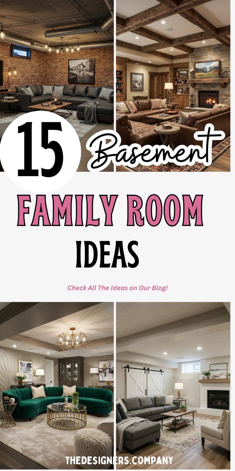 Pinterest collage image showcasing four unique basement family room styles with the text "15 Basement Family Room Ideas" in bold, playful fonts. Top left features an industrial style room with brick walls and exposed ductwork; top right shows a rustic lodge with wooden beams and a stone fireplace. Bottom left highlights a glam space with a green velvet couch and gold accents, while bottom right presents a modern farmhouse vibe with barn doors and neutral tones. The design theme emphasizes cozy, stylish, and family-friendly interiors with diverse aesthetics. "Check All The Ideas on Our Blog!" and "thedesigners.company" are also featured on the image.