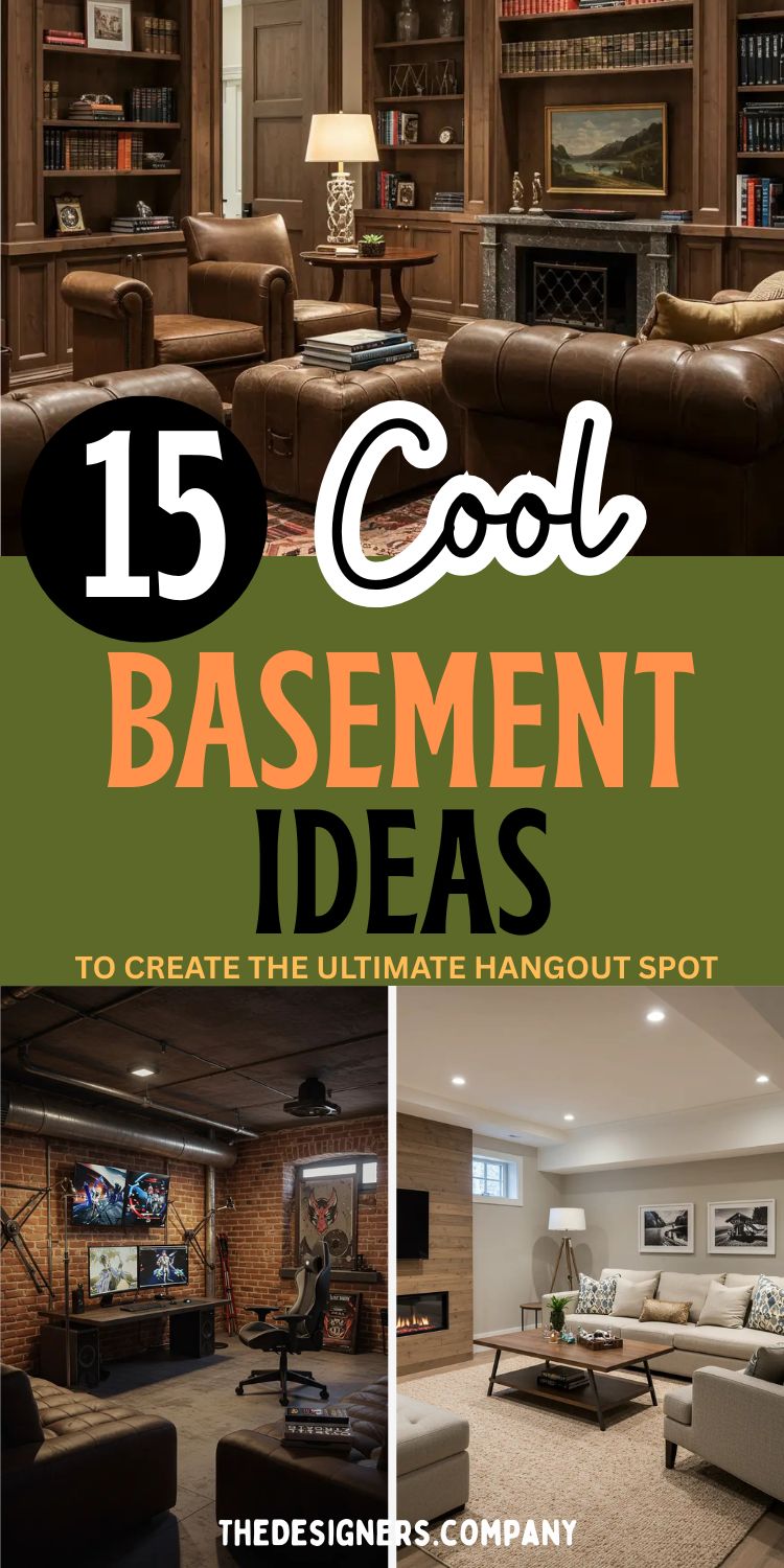 image with the title “15 Cool Basement Ideas to Create the Ultimate Hangout Spot” in bold text. The design style highlights a vintage library lounge with rich wood interiors, an industrial loft gaming room with exposed brick walls and dual gaming monitors, and a minimalist cozy living area featuring neutral tones and a modern fireplace. The image emphasizes varied basement themes—from luxurious to casual—perfect for home improvement inspiration.