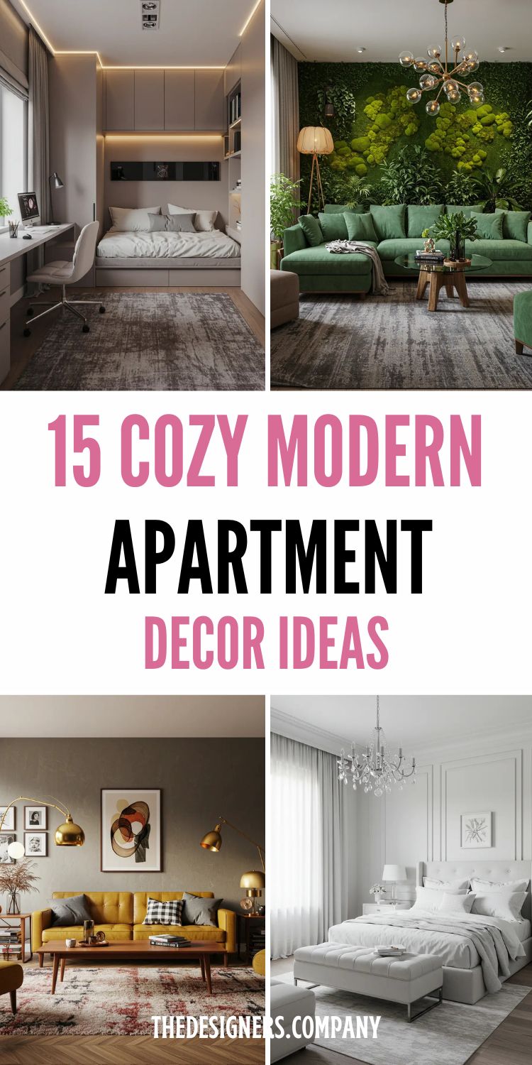 Collage showcasing 15 cozy modern apartment decor ideas with bold pink text overlay. Features four distinct room styles: minimalist bedroom with built-in storage and LED lighting, botanical living room with green moss wall and sectional sofa, warm living space with mustard yellow sofa and brass pendant lights, and elegant monochromatic bedroom with crystal chandelier and tufted headboard. Design themes emphasize compact living, modern functionality, natural elements, and sophisticated color schemes perfect for urban apartments.