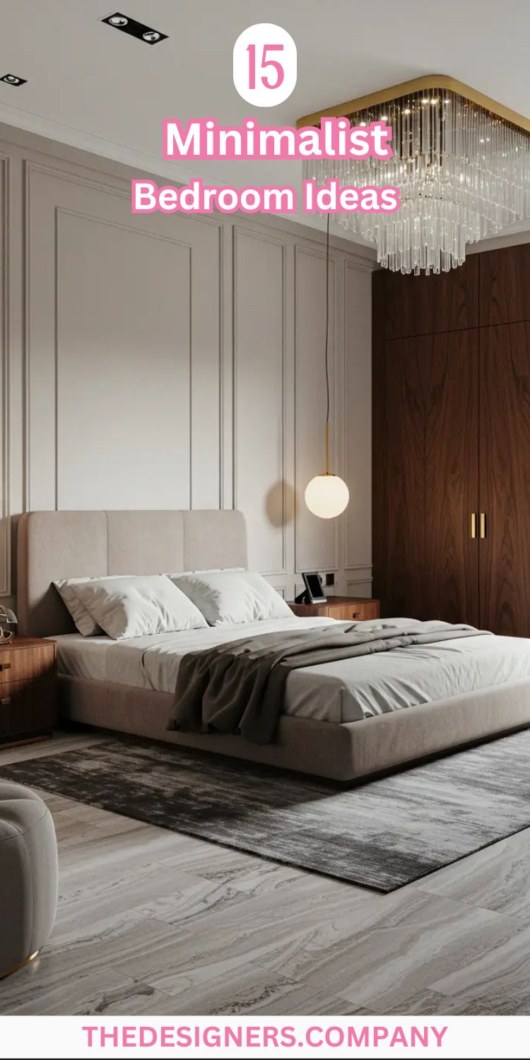 Image showcases a minimalist bedroom design with soft beige tones and a luxurious chandelier. The design emphasizes clean lines, a neutral color palette, and modern simplicity, perfect for anyone seeking a serene and calming bedroom environment. The room features a large bed with minimal decor, complemented by the natural wooden wardrobe and a modern light fixture, creating a tranquil, stylish sanctuary. The design embodies minimalist bedroom ideas, focusing on space, simplicity, and elegance.