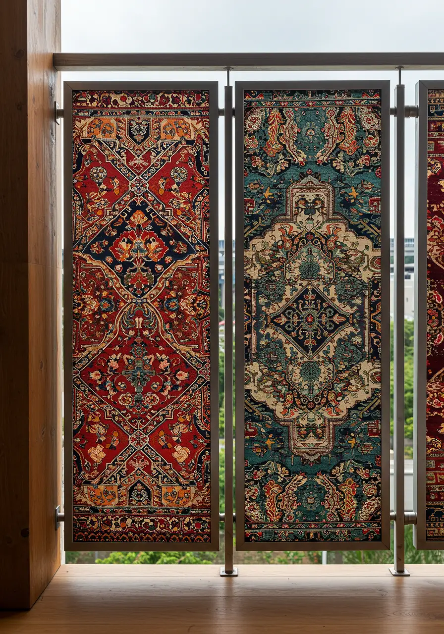 This unconventional approach celebrates global textile traditions, creating a soft, organic barrier that filters light beautifully while providing privacy and wind protection through artisanal craftsmanship.