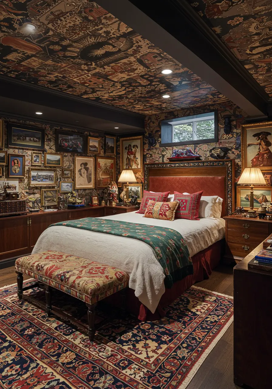 This design celebrates the beauty of collections and eclectic style, creating a basement bedroom that showcases personal treasures and interests in a curated, museum-like setting.