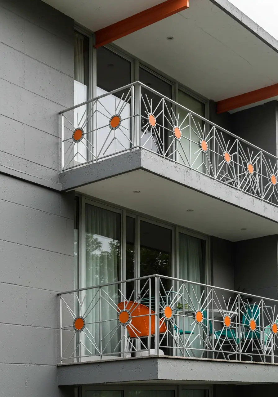 The optimistic atomic age of the 1950s influences this retro-futuristic design. The concept captures mid-century modern aesthetics through geometric patterns and period-appropriate materials while remaining budget-friendly.