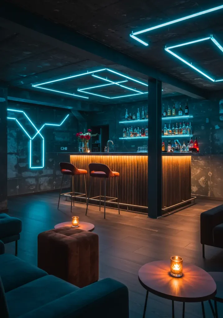 Create a high-tech entertainment space that looks like it belongs in a sci-fi movie with LED lighting and modern technology.