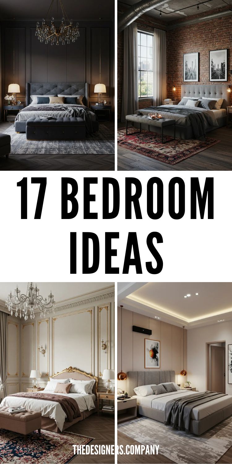 Image displays four elegant bedroom interiors under the bold text "17 Bedroom Ideas." Top left shows a moody, dark-toned bedroom with chandelier lighting. Top right features an industrial loft with exposed brick walls. Bottom left reveals a vintage Parisian-inspired room with gold detailing and classic décor. Bottom right showcases a sleek modern space with neutral tones and warm lighting. Design styles vary from maximalist to minimalist, covering a wide range of themes for every taste.