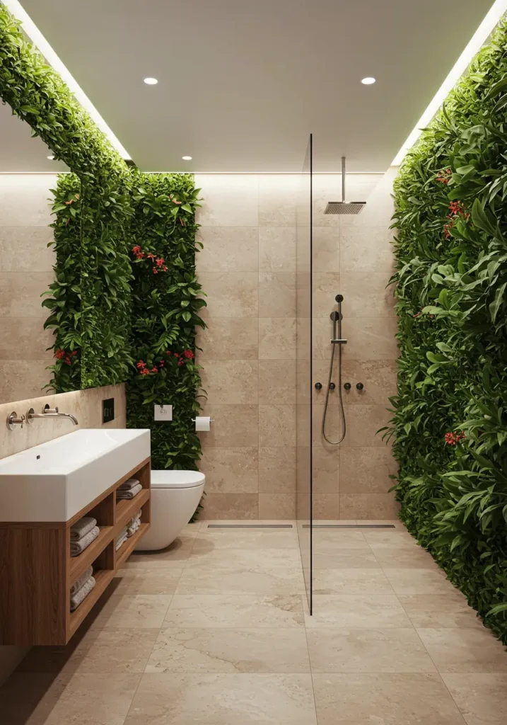 Inspired by tropical rainforests and biophilic design principles, this bathroom blurs the line between indoor and outdoor spaces. The concept celebrates the healing power of nature while maintaining modern functionality.