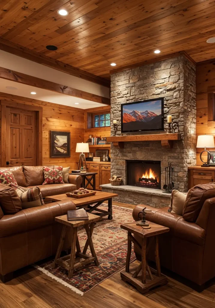 Drawing inspiration from mountain lodges and alpine cabins, this design creates an intimate basement sanctuary that feels like a secluded woodland retreat, perfect for intimate gatherings and quiet relaxation.