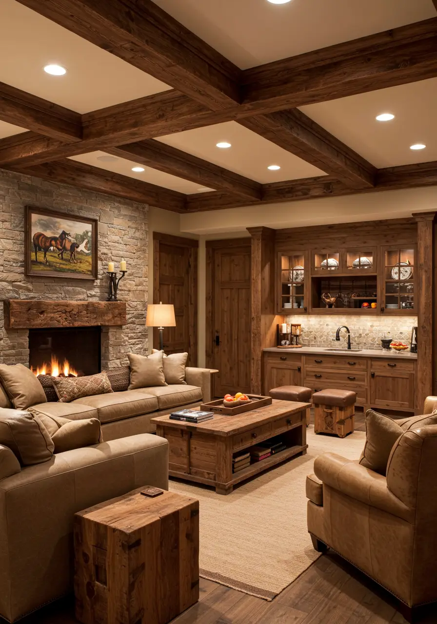 Inspired by mountain lodges and cabin aesthetics, this concept transforms the basement into a warm, inviting retreat that feels like a separate getaway within the home. The design emphasizes natural materials and cozy textures.