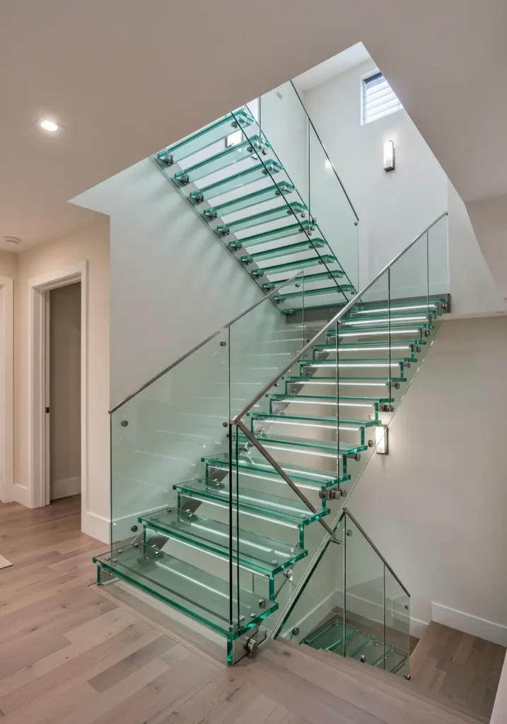Inspired by contemporary architectural marvels and luxury hotels, this design creates the illusion of stairs floating in mid-air while maximizing natural light flow from upper levels to the basement.