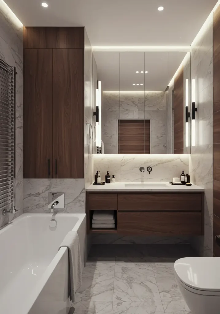 Inspired by high-end hotel design, this concept uses strategic backlighting to create depth and drama while visually expanding the space through layered illumination and reflective surfaces.