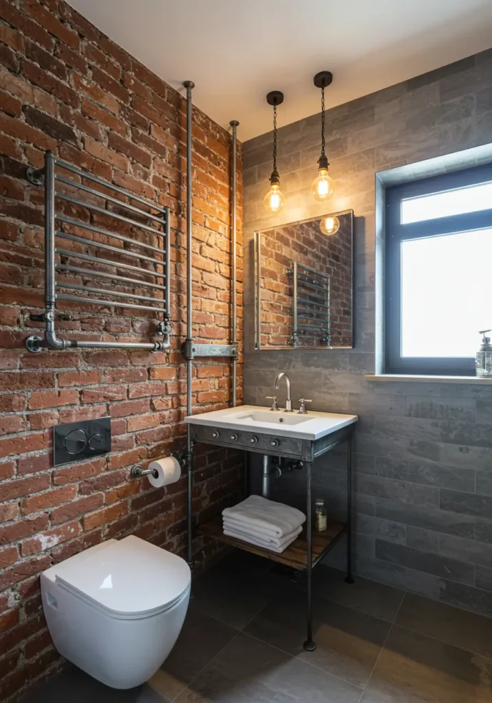 Drawing inspiration from converted loft apartments and urban warehouse aesthetics, this design uses faux brick panels and industrial fixtures to create a sophisticated, edgy atmosphere that maximizes visual impact on a minimal budget.