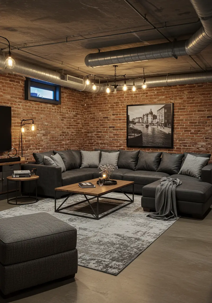 Channel the raw energy of converted warehouse spaces with exposed brick walls, metal ductwork, and Edison bulb lighting. This design celebrates the basement's architectural honesty while creating an sophisticated urban retreat perfect for modern families who appreciate edgy, contemporary aesthetics.