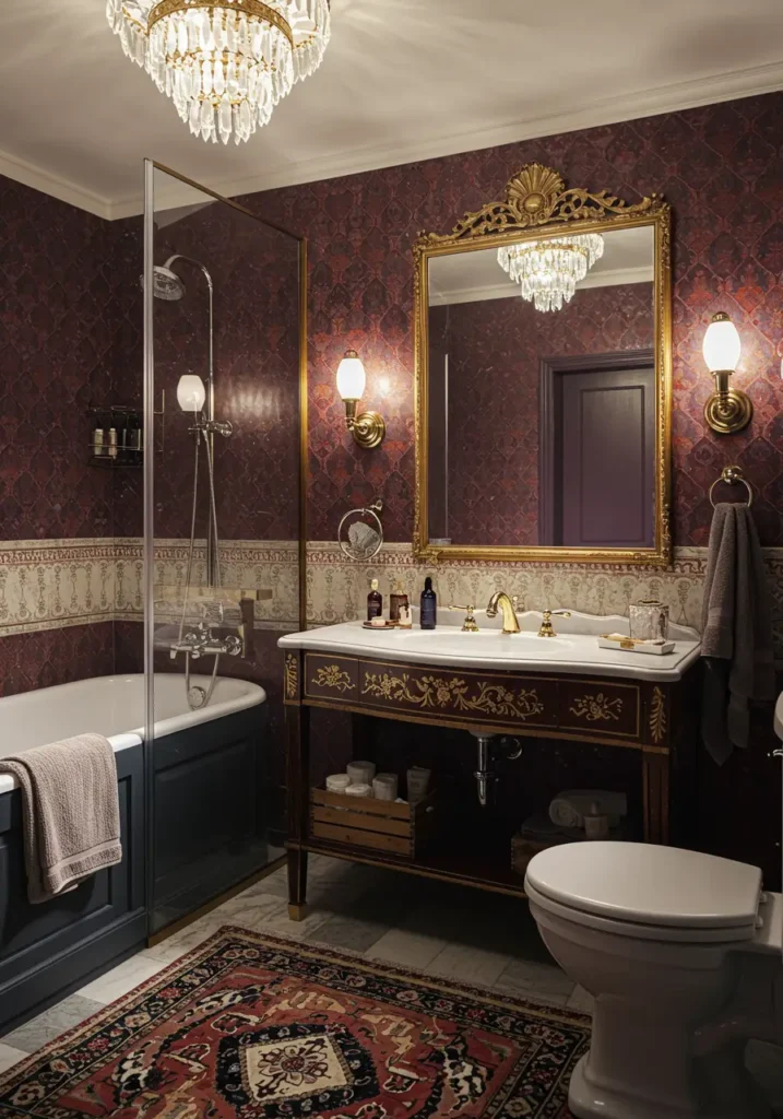 Drawing from vintage apothecary shops and maximalist design principles, this concept celebrates bold patterns, rich textures, and jewel tones to create a luxurious, cocoon-like environment that feels larger through visual richness.