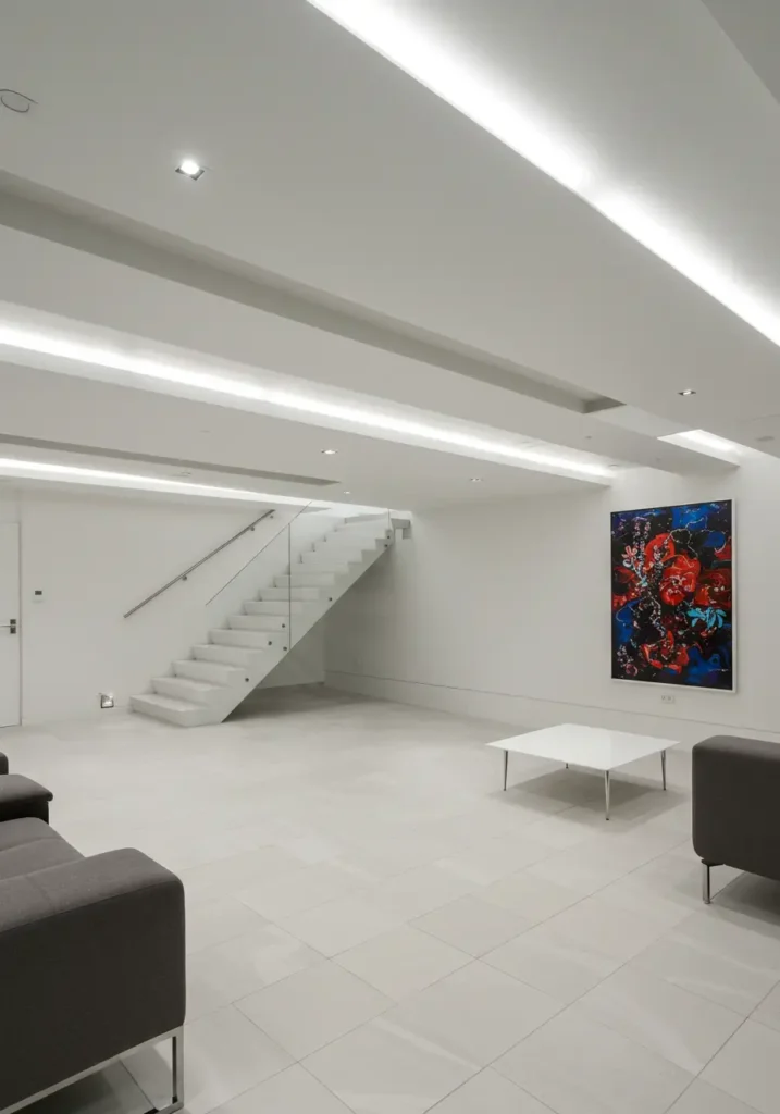This concept creates the illusion of floating ceiling elements that appear to drift overhead like architectural clouds. The design maximizes the sense of space while adding contemporary sculptural interest to low basement ceilings.
