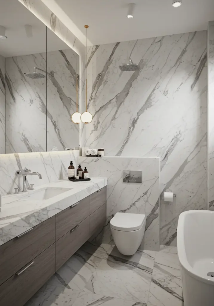 Drawing from luxury hotel suites and ancient Roman baths, this concept proves that small spaces can achieve grandeur through material sophistication and thoughtful proportions. The monochromatic approach creates visual continuity that makes the space feel infinitely larger.