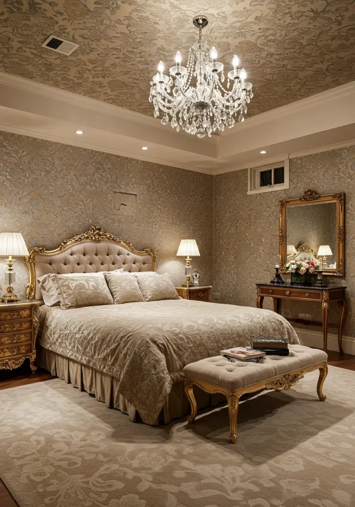 Inspired by the intimate luxury of French boudoirs, this design creates a romantic underground sanctuary with sophisticated European flair and timeless elegance.