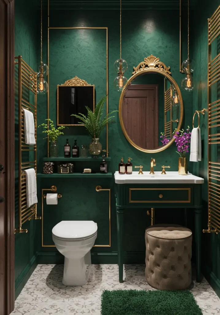 Inspired by the opulent powder rooms of 1920s Parisian apartments, this design proves that small spaces can handle bold patterns and luxurious materials when executed with sophisticated restraint.
