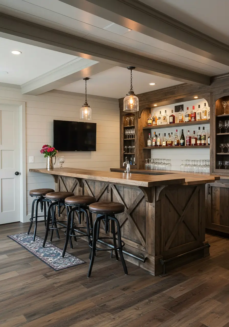 Celebrating the warmth of countryside hospitality, this design brings the charm of a rural tavern into your basement with DIY-friendly elements.