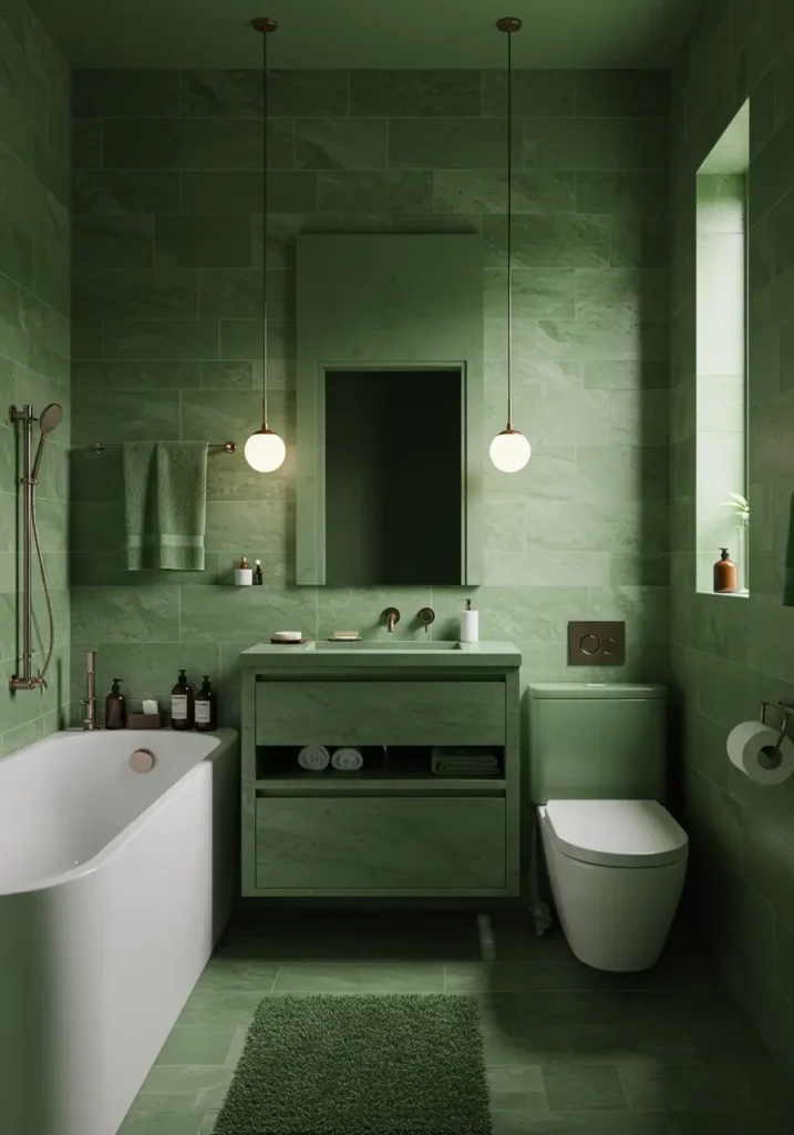 Inspired by Japanese zen philosophy and Scandinavian design principles, this bathroom embodies tranquility through simplicity. The muted sage palette creates a calming atmosphere while maintaining the clean aesthetic modern homeowners crave.