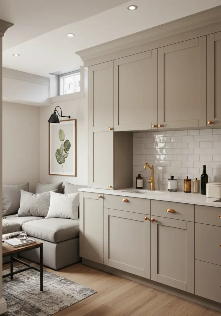 Embracing the Danish concept of hygge, this basement kitchenette creates an impossibly cozy underground sanctuary. Light oak cabinetry paired with crisp white countertops maximizes the sense of brightness despite the basement location. Strategic use of mirrors and light-colored finishes creates an airy feel that defies typical basement constraints.
