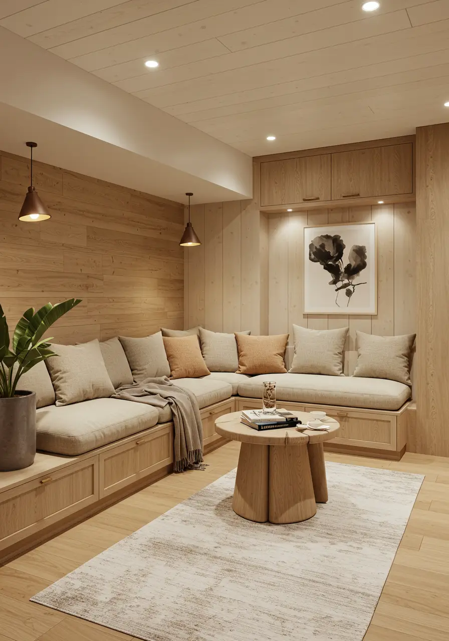 Drawing from Danish hygge philosophy, this basement becomes a cocoon of contentment featuring natural materials, neutral tones, and cozy textiles that promote relaxation and well-being in the lower level.