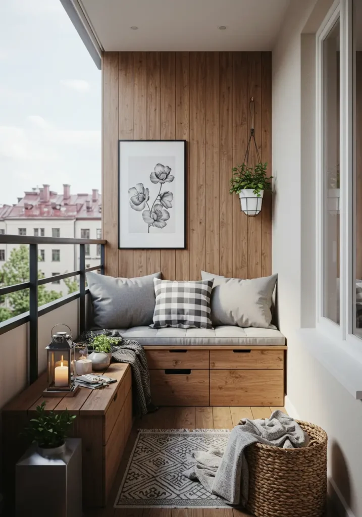 Embracing Danish hygge culture, this balcony concept creates a cozy retreat focused on comfort, simplicity, and connection with nature through clean lines and natural materials.
