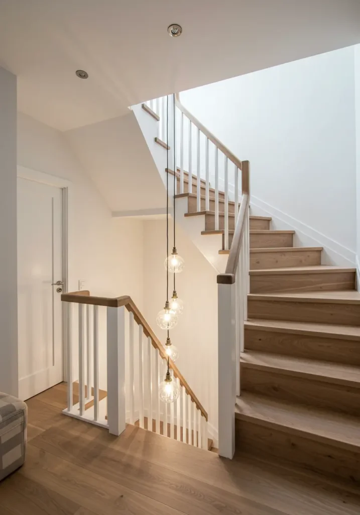 Inspired by Danish design philosophy, this concept creates a cozy, light-filled stairwell that contradicts the typical dark basement descent. The hygge approach emphasizes comfort, warmth, and simple pleasures through natural materials and soft lighting.