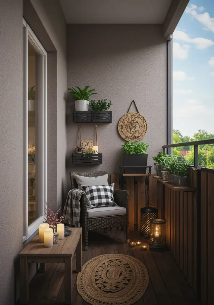 Channel the Danish concept of hygge with this serene balcony retreat that prioritizes comfort and simplicity. Perfect for morning coffee rituals and evening meditation, this design embraces the Scandinavian philosophy of finding joy in life's simple pleasures.