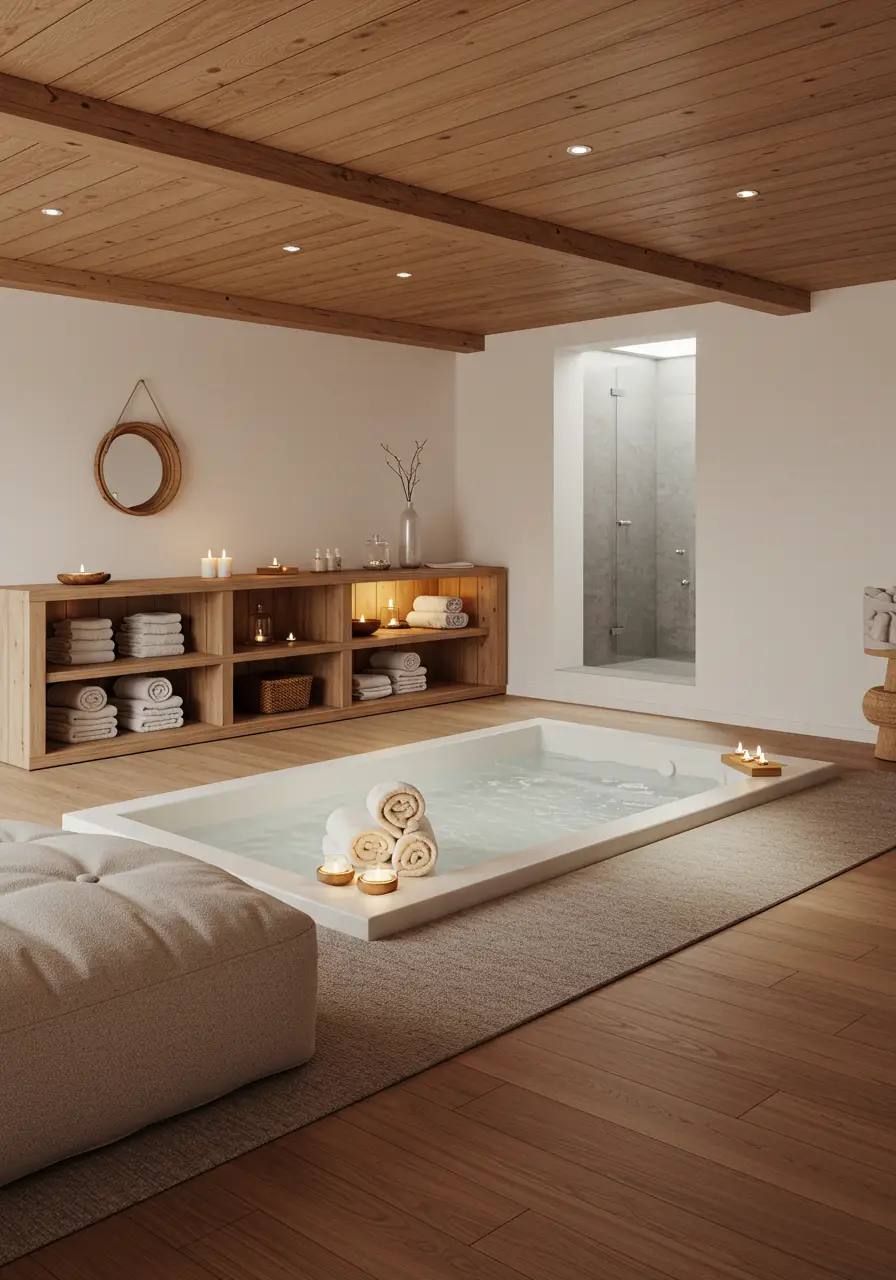 This transformation creates a serene wellness sanctuary that rivals high-end spas. Inspired by Nordic hygge principles, the design emphasizes natural materials, clean lines, and calming elements that promote relaxation and mental well-being in the home's lower level.