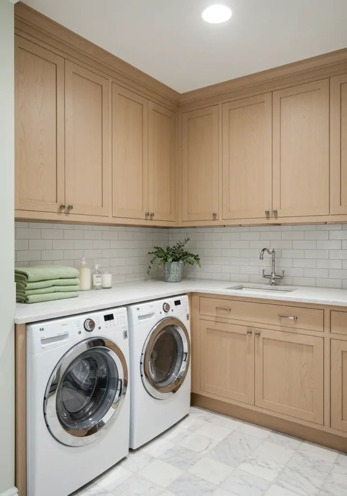 Merging the clean lines of Scandinavian design with the serene atmosphere of a Nordic spa, this concept creates a basement laundry room that feels like a personal retreat rather than a utilitarian space.