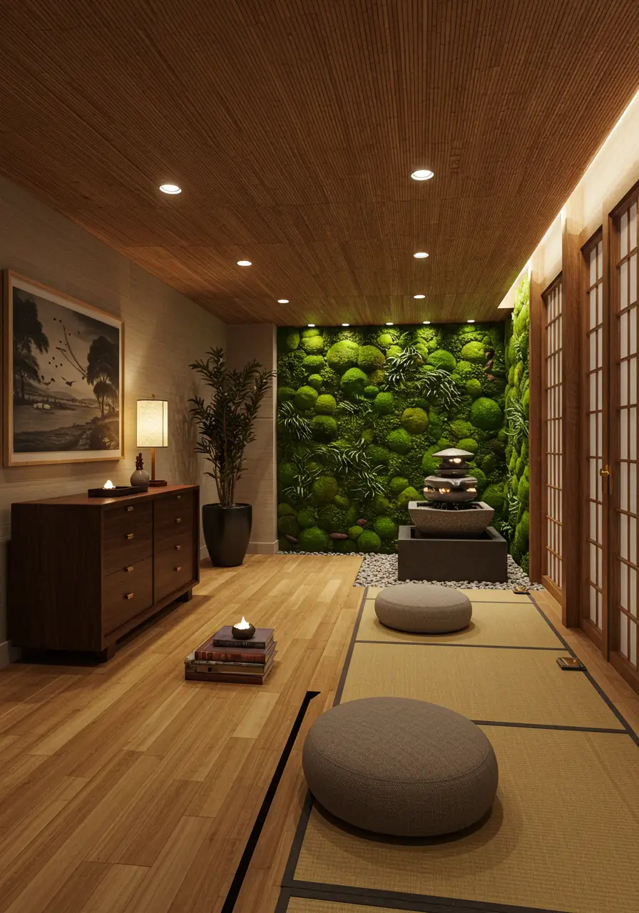 Inspired by Japanese zen gardens and mindfulness practices, this basement transformation creates a peaceful retreat that brings the tranquility of nature indoors through carefully curated elements and thoughtful design.