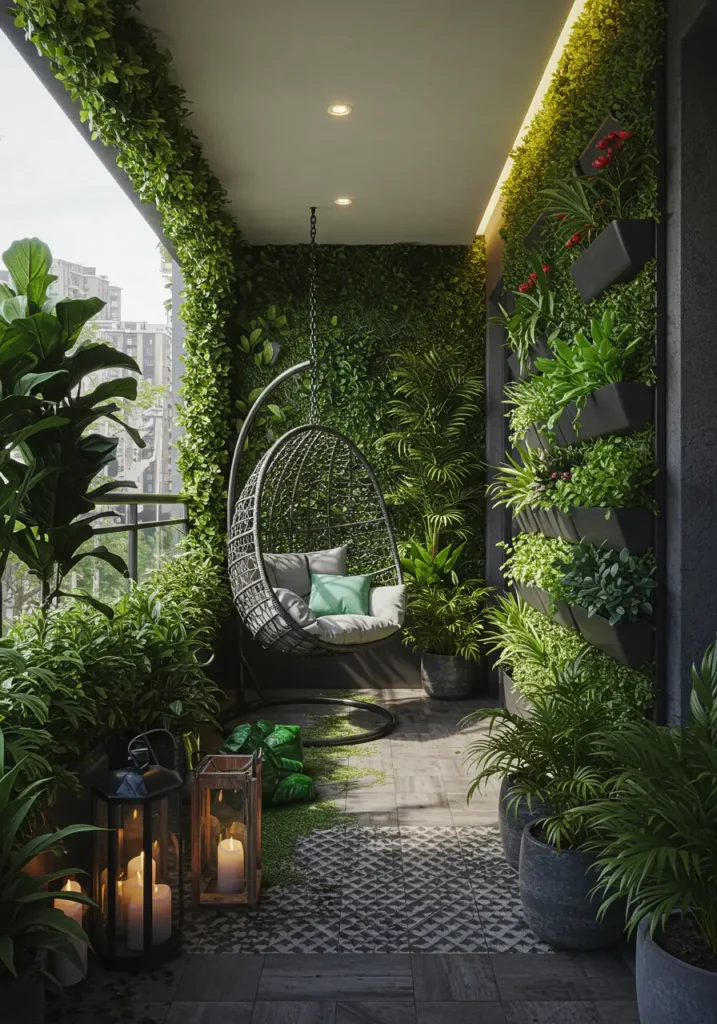 Transforming a city balcony into a lush botanical sanctuary, this design merges biophilic principles with contemporary urban living, creating an air-purifying green retreat.