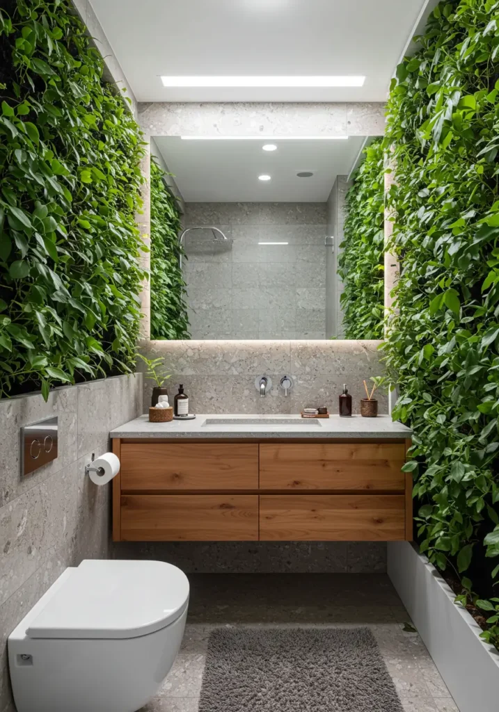 Drawing from biophilic design principles, this concept uses living walls and vertical elements to draw the eye upward, creating height while purifying the air and adding natural serenity.