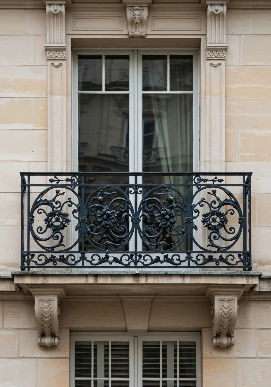 Channeling the romantic allure of Parisian apartments, this design recreates classic wrought iron elegance using modern affordable techniques. The ornate curves and scrollwork evoke timeless European sophistication.