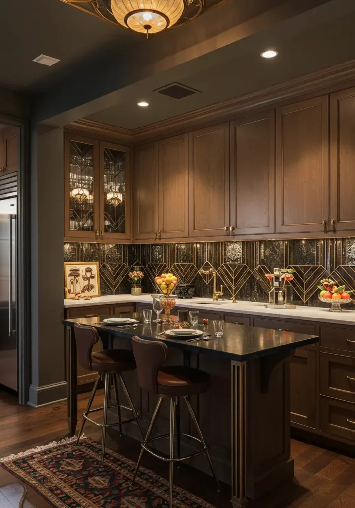 Channeling the glamour of 1920s speakeasies, this basement kitchenette exudes sophisticated rebellion. Rich emerald green cabinetry with brass hardware creates drama against marble countertops with dramatic veining. The space feels like a secret cocktail lounge where gourmet meals happen to be prepared.
