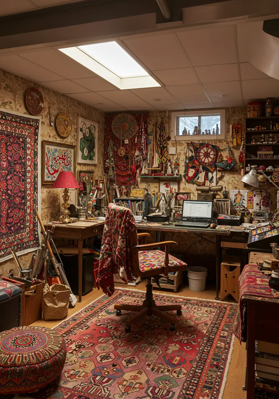This creative transformation celebrates artistic expression and global influences, turning a basement into an inspiring workspace that nurtures creativity. The design incorporates vintage finds, handcrafted elements, and vibrant colors that stimulate the imagination while providing practical workspace solutions.