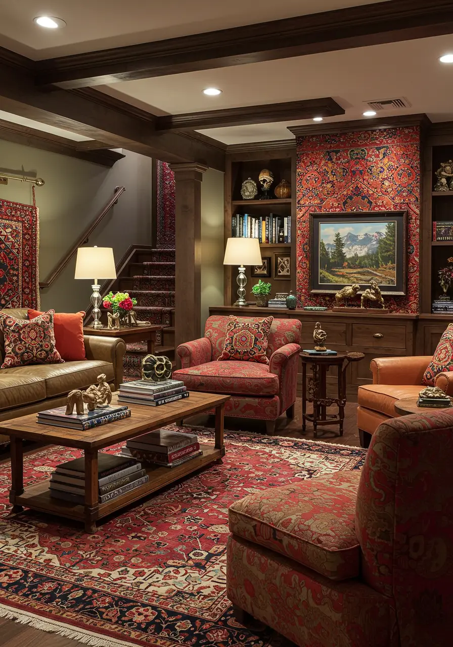 This maximalist approach transforms the basement into an eclectic sanctuary filled with global textiles, vintage finds, and artistic collections that tell stories of travel and cultural appreciation.