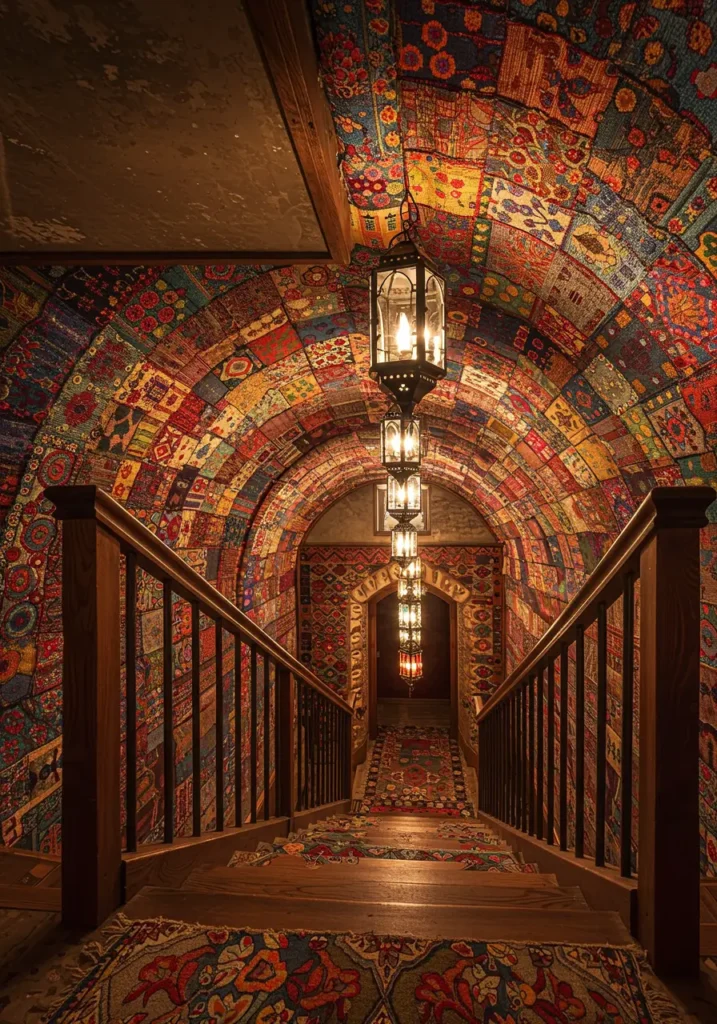 This concept transforms the stairwell into an immersive bohemian experience inspired by Moroccan riads and global textile traditions. The design celebrates rich colors, patterns, and textures while maintaining budget-friendly implementation through creative layering techniques.