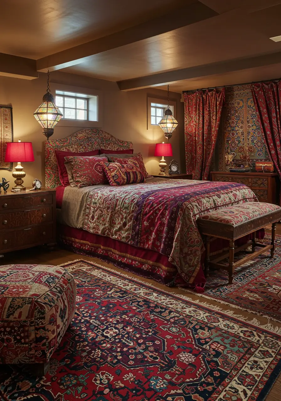 This design draws from global travels and eclectic collections, creating a worldly basement retreat that feels like a sophisticated nomad's hideaway with rich textures and vibrant colors.