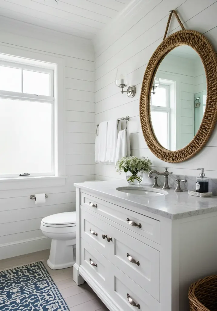 This design channels relaxed beach house vibes using budget-friendly shiplap alternatives and coastal-inspired accessories to create a serene, vacation-like atmosphere that instantly calms and refreshes.