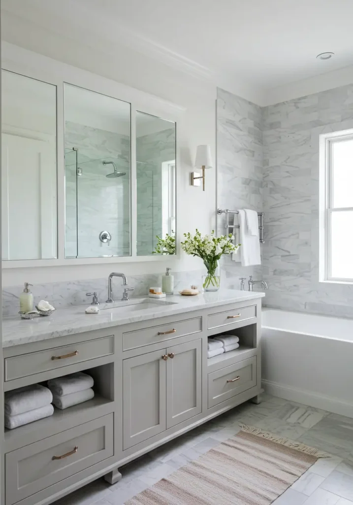 Capturing the essence of luxury beach houses, this design brings coastal calm through sophisticated nautical elements and natural textures that evoke seaside tranquility.