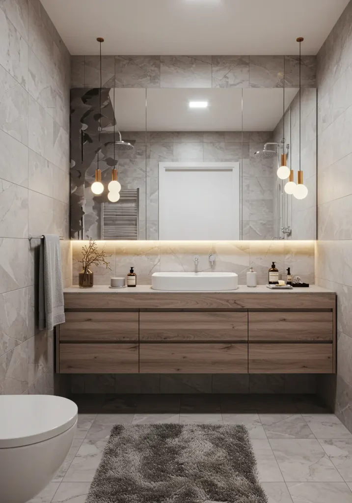 This concept employs optical illusions through geometric patterns and strategic color placement to create the perception of expanded space while maintaining bold, contemporary aesthetics.