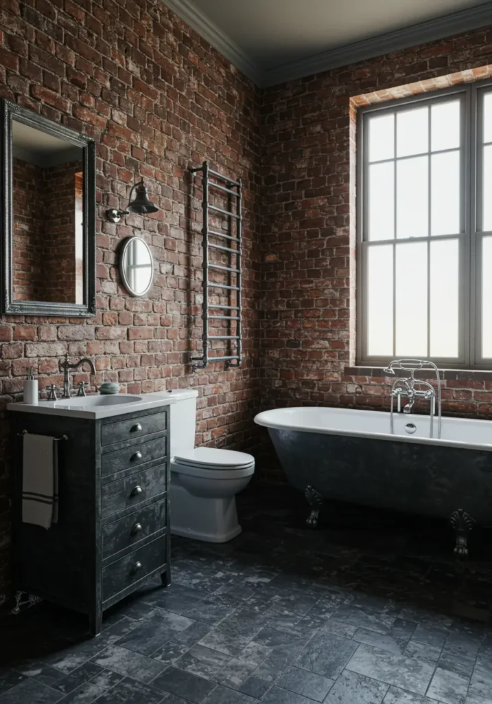 Drawing from converted warehouse lofts and industrial heritage, this bathroom celebrates raw materials and urban sophistication. The design honors industrial history while incorporating modern luxury amenities.