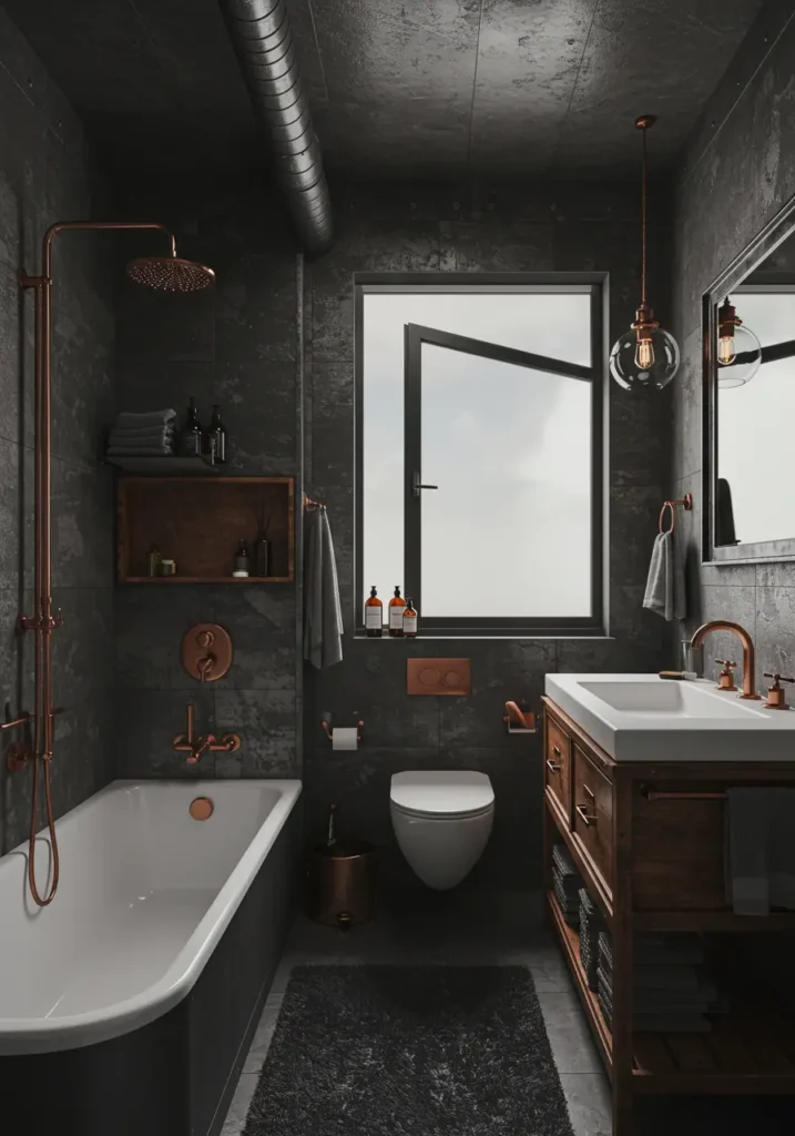 Inspired by converted warehouses and modern urban lofts, this design celebrates raw materials and exposed elements. The concept transforms typical bathroom constraints into design opportunities, making every inch feel intentional and stylish.