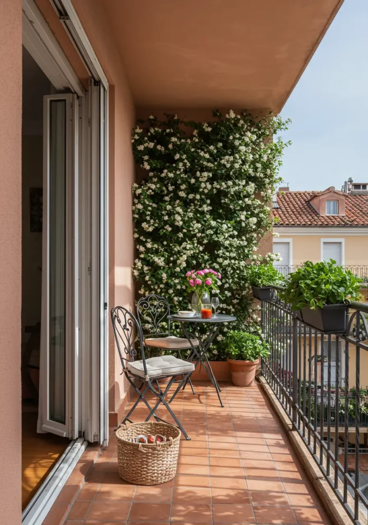 Channeling the sun-soaked terraces of Santorini and Tuscany, this design brings Mediterranean warmth and rustic elegance to urban balcony living.